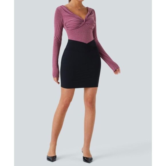 Halara Twisted V Neck Long Sleeve Ruched Skinny Work Top Sz Large Pink Womens - Picture 2 of 12